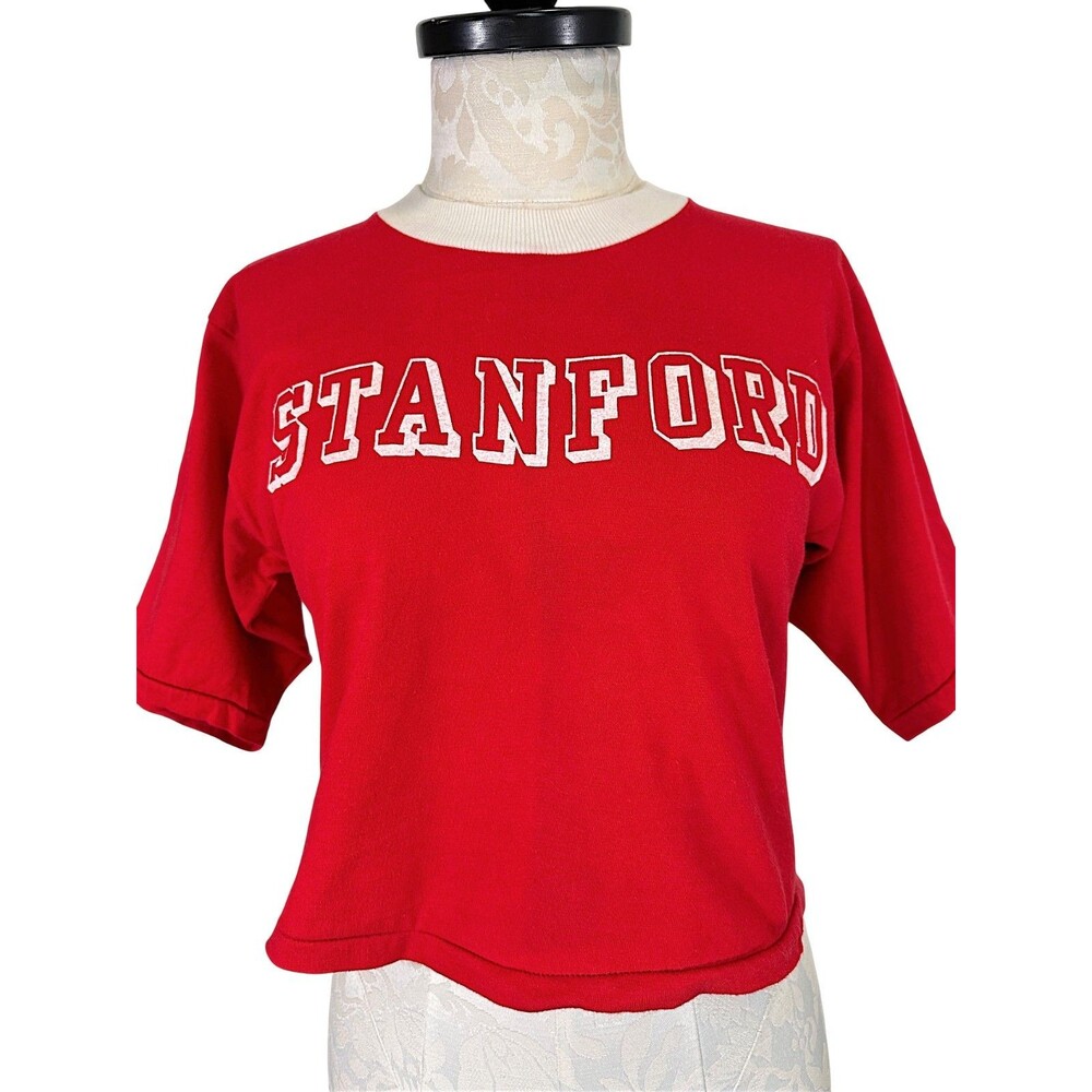 Vintage Russell Athletics Stanford Ringer Crop Top T-Shirt Medium - Picture 2 of 8